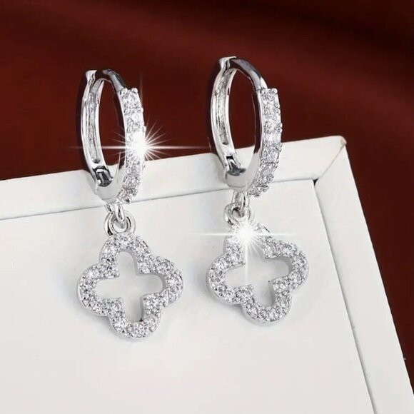 Clover Silver Dangle Earrings Diamond CZ New Alhambra - Picture 1 of 8